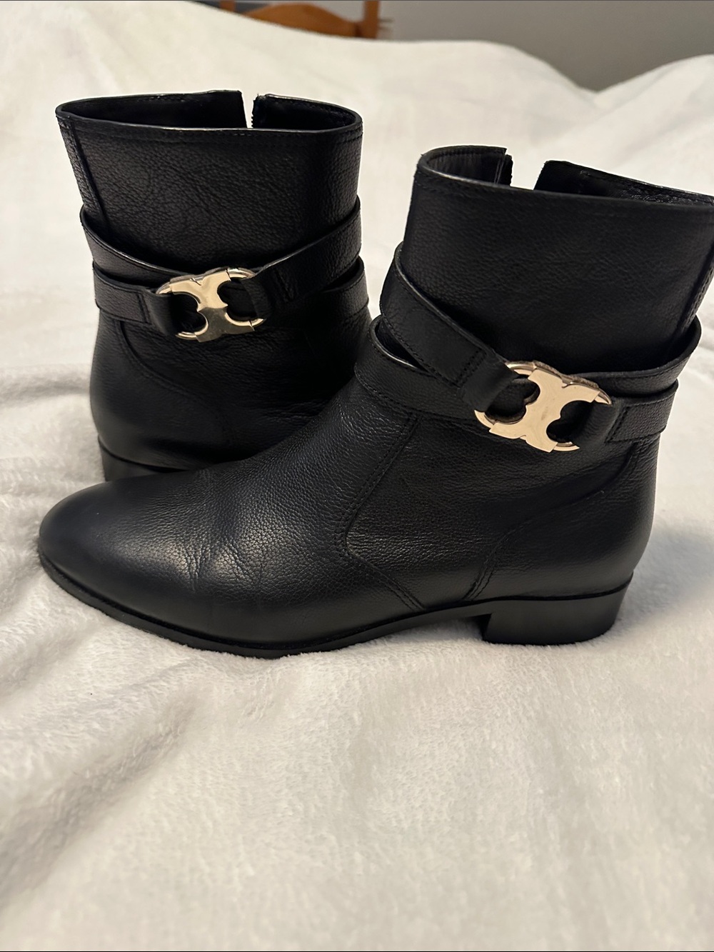 Tory Burch Black Leather Ankle Boots with Gold Logo Hardware